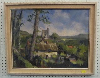 Oil  painting on board "Country Scene with Castle  and  Cottage" the reverse marked Shipton George-Dorset 13" x 17"