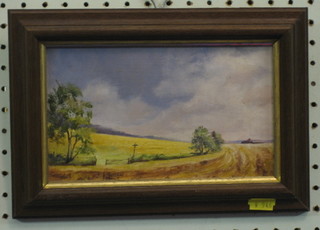 Susan  Bridge,  oil  on board "Harvest Scene at  Dusk"  5"  x  8"