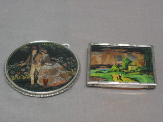 A  circular  butterfly picture in the form of a Crinoline  lady  and gentleman  6"  contained  in a Sterling mount  and  a  rectangular ditto of a Landscape 2"
