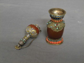 An   amber  scent  bottle  decorated  with  silver   and   turquoise  together  with  an  unusual matching  scent  bottle  with  jewelled  decoration 5"
