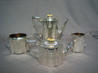 A  handsome Edwardian 4 piece silver, plated  tea/coffee  service   of oval engraved form comprising coffee pot, twin handled  sugar  bowl, cream jug and teapot