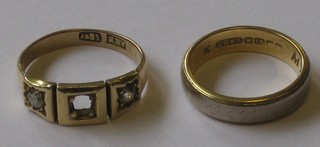An  18ct 2 colour gold wedding band & an 18ct gold dress  ring (missing a stone)