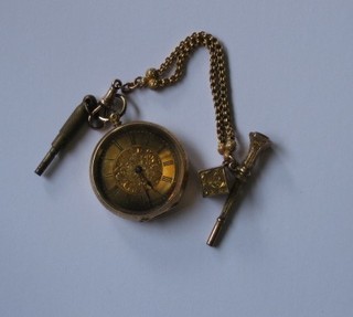 A  fob watch contained in an 18ct gold case hung on a fine  chain together with a gilt metal seal and a key