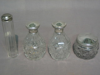 A cut glass dressing table jar with silver plated lid 3", do. pin  jar and 2 dressing items
