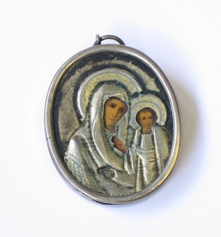 A  19th Century Russian Icon pendant set within a  silver  mount depicting  Madonna and Child, the front marked AC the  reverse marked 18