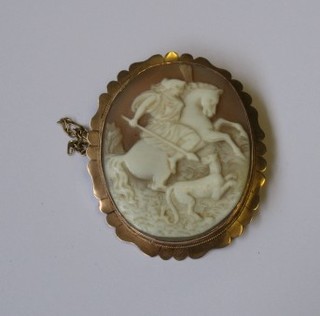 A 19th Century shell carved cameo brooch depicting a  mounted Diana contained in a gilt mount