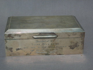 A silver cigarette box with engine turned decoration, Birmingham 1960, inscribed, 5 1/2"