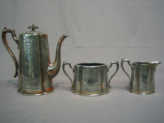 An  oval  engraved  Britannia metal 3 piece  coffee  service  with coffee pot, twin handled sugar bowl and cream jug
