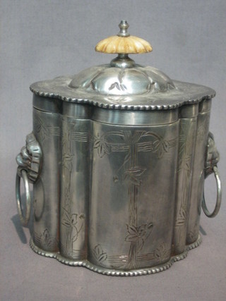 A  Victorian engraved shaped Britannia metal caddy with  hinged lid 4"