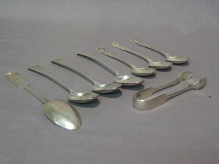 3  Georgian  silver  Old English  pattern  teaspoons,  a  Victorian silver  fiddle  pattern  do.,  3 coffee spoons and  a  piar  of  sugar tongs 4 ozs