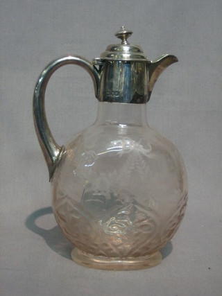A handsome Edwardian etched glass claret jug with silver  collar, London 1901