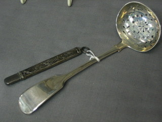 A  Victorian silver fiddle pattern sifter spoon Edinburgh 1868?  2 ozs and an Art Nouveau pencil case 