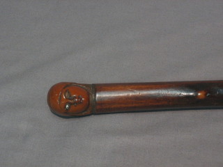 A walking stick with carved horn handle in the form of a head set hardstone eyes (1 missing)
