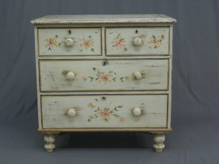 A  Victorian white and floral painted pine chest of 2 short  and  2 long drawers, raised on turned supports 33"