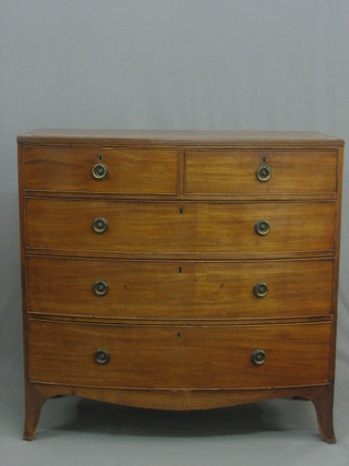 A  19th Century mahogany bow front chest of 2 short and 3  long drawers  brass  ring drop handles, raised on splayed  bracket  feet  41"