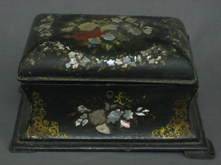 A  Victorian papier mache tea caddy of cushion form with hinged lid (f), raised on bracket feet (1f)  9 1/2"