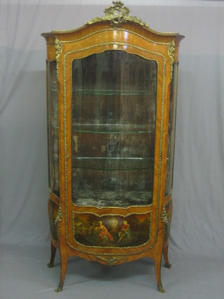A   19th/20th   Century  French  inlaid   Kingwood   Vitrene   of serpentine  outline,  with gilt metal mounts and painted  panel  to the  door,  raised  on French cabriole  supports  39" 