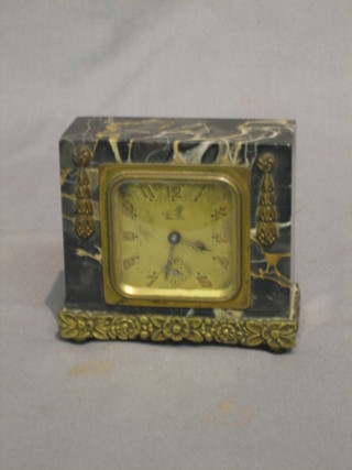 A  French Art Deco alarm clock with square gilt dial and  Arabic numerals contained in a green marble case 4"