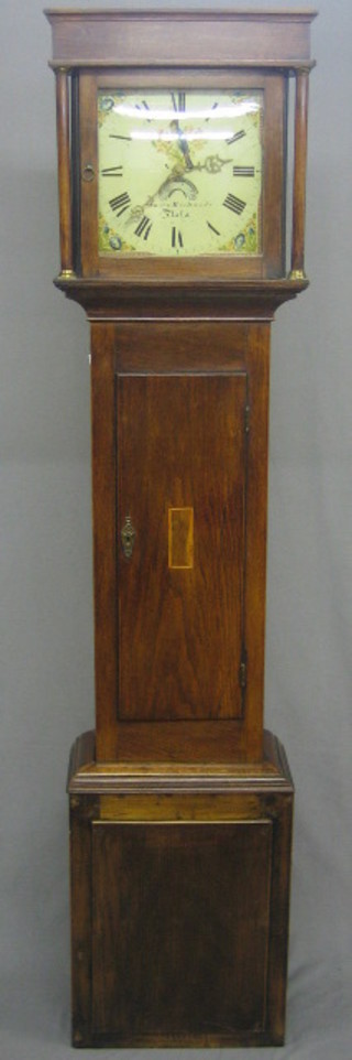 A  30  hour  longcase  clock, the  12"  square  painted  dial  with calendar aperture, by Owen Richards of Bala, contained in an oak  case   77"   (replacement  panel  to  front   of   trunk)  