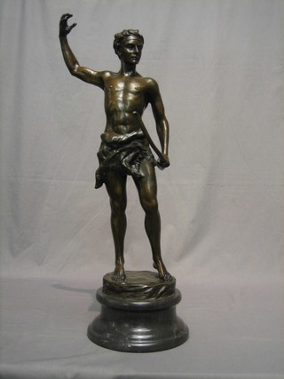 A reproduction bronze figure of a standing warrior 24", raised on a marble base