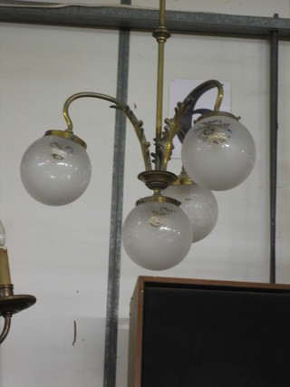 A  1930's  gilt  metal  4 light  electrolier  with  glass  etched  ball shades