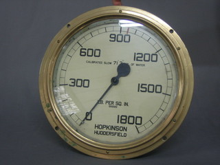 A  large brass pressure gauge, the dial marked L per square  inch by Hopkinson of Huddersfield, calibrated 0-1800  14"