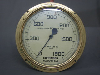 A  brass  pressure  gauge, the dial  indicator  marked  pound  per square inch by Hopkinson of Huddersfield, calibrated 0-1800 14"