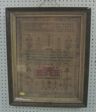 A  19th  Century  stitch work  sampler  with  alphabet,  numbers, trees and house 16" x 12" (some holes)