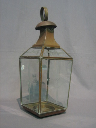 A  copper  hanging  hall  lantern  with  etched  glass  panels  17"