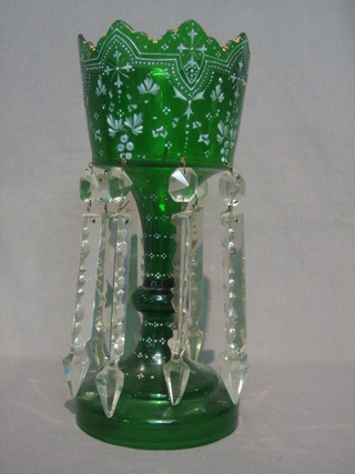A 19th Century green overlay glass lustre with cut glass  lozenges 12"