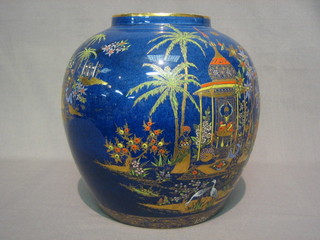 A   Carltonware   Oriental   style  ginger   jar   with   chinoiserie decoration against a blue ground 7" (base drilled for lamp and no lid)