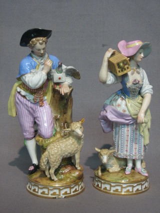 A handsome pair of 19th Century Meissen figures Lady with bird cage  and Gentleman with sheep, letter and bird, the base  incised T73  124 and with crossed swords mark (chips to ladies hat,  arm and   bird   cage,   sheeps   ear   restored)    7   1/2"   