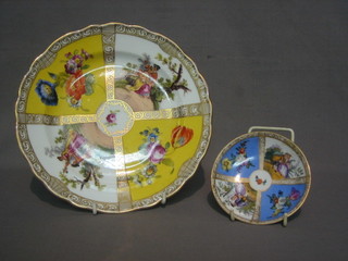 A yellow glazed German porcelain plate with panel decoration of flowers  and romantic scenes, the reverse marked R  together  with a   Meissen  style  saucer  with  blue  and  gilt  panels   decorated romantic scenes 4"