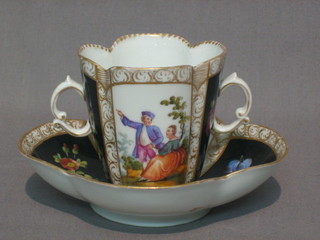 A 19th Century Continental porcelain twin handled chocolate cup and  saucer  with  panel decoration of romantic  scenes,  the  base  marked AR?