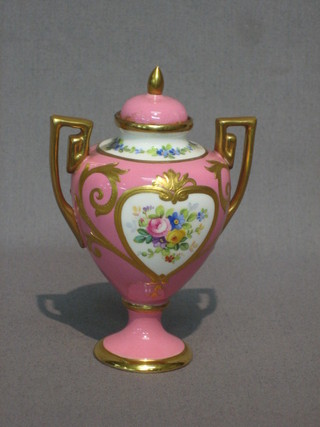 A  Mintons miniature porcelain twin handled urn and cover  with puce body and gilt banding 4" (lid stuck to base)