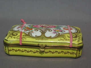 A  19th/20th  Century rectangular  Continental  porcelain  trinket box  and  cover  with floral decoration and hinged  lid,  the  base marked DT 5"
