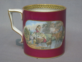 A  19th Century Prattware mug decorated fisherfolk  and  figures by a stream, the base marked 123