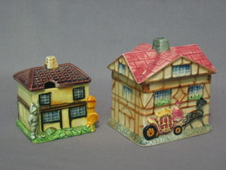 2 Japanese pottery preserve jars in the form of cottages 3" and 4"