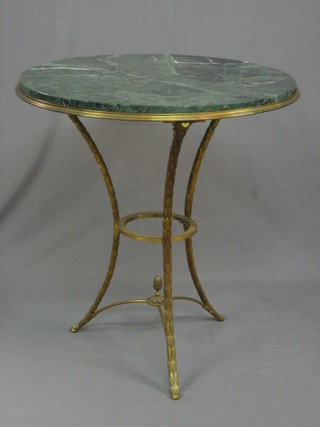 A  19th/20th  Century  circular gilt  metal  occasional  table  with green  veined  marble  top,  raised on  3  outswept  supports  25"