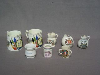 2 WWI mugs marked Peace (1 with crack to base), a Goss model a Spanish jug decorated the Arms of Barckley, a 3 handled tyg  - Arms of Devon and 4 other items of crested china 
