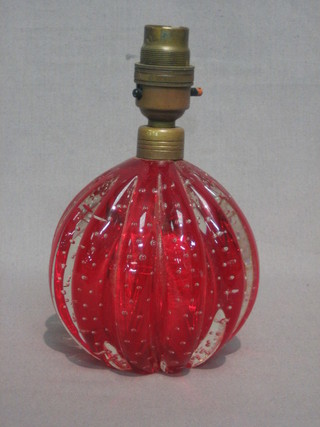 A 1960's reeded red glass table lamp of globular form 4"