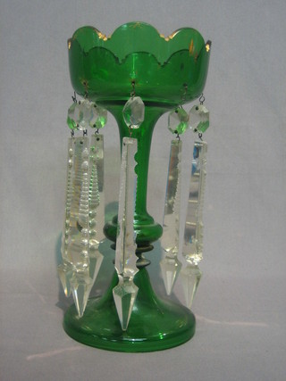 A  Victorian  green glass lustre hung various  cut  glass  lozenges 11"