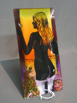 A 1960's rectangular Art Glass tray decorated a semi-naked  girl, signed Cesart 16"