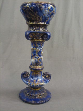 A  Flo  Bleu  and  gilt banded pottery  jardiniere  and  stand  40"