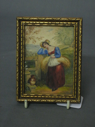 An 18th Century watercolour drawing "Standing Bonnetted  Lady by a Stile" 4" x 3"