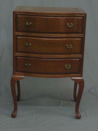 A 20th Century Oriental Padouk chest of serpentine outline fitted 3 long drawers, raised on cabriole supports 19"