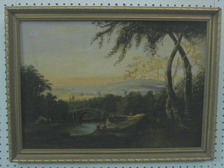 An  18th  Century style Continental oil on  board  "Windmills  in Distance" 13" x 18"