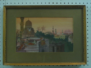P  Smithers,  oil on board "Eastern Scene with  Mosques,  Water Carriers etc" 7" x 11"