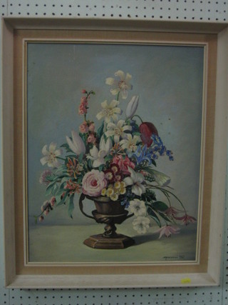 A W Eswon, oil on board, still life study "Vase of Flowers"  19" x 15"