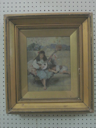 Mary Metters, Italian School, 19th Century oil on canvas  "Study of  a Seated Girl with Mandolin and Reclining Boy" 9 1/2"  x  7"
